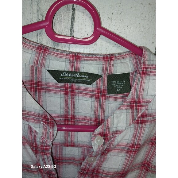 Eddie Bauer Women's Medium Collarless Red Plaid Shirt - Picture 4 of 5